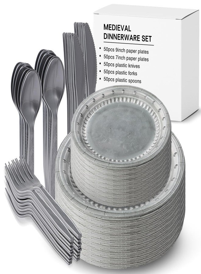 Jingmore 50 Set Silver Medieval Party Supplies Knight Festive Castle Party Tableware Accessories Pirate Birthday Party Disposable Paper Pewter Tableware Set Paper Plates Forks Spoons Knives - Image 1