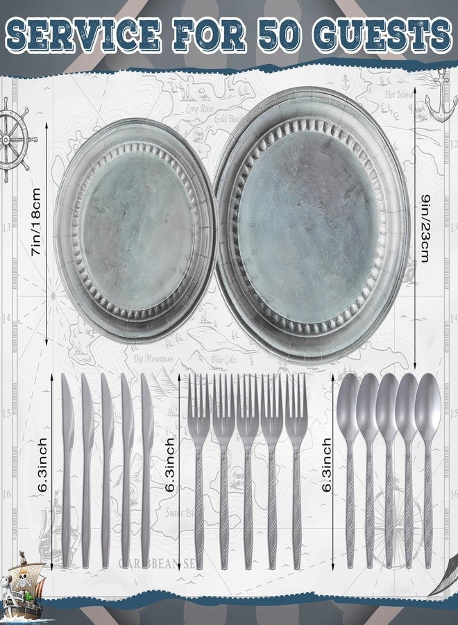Jingmore 50 Set Silver Medieval Party Supplies Knight Festive Castle Party Tableware Accessories Pirate Birthday Party Disposable Paper Pewter Tableware Set Paper Plates Forks Spoons Knives - Image 2