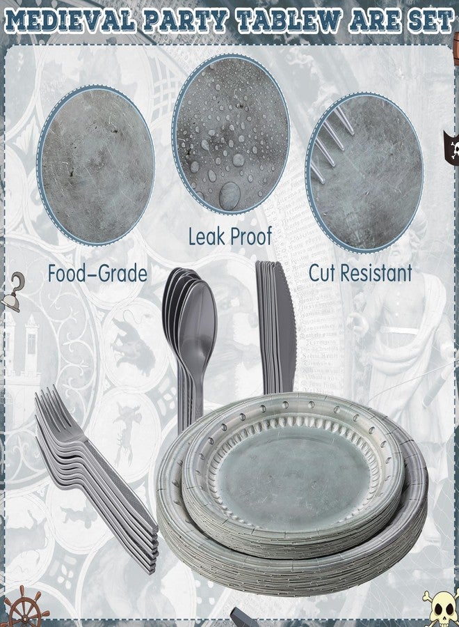 Jingmore 50 Set Silver Medieval Party Supplies Knight Festive Castle Party Tableware Accessories Pirate Birthday Party Disposable Paper Pewter Tableware Set Paper Plates Forks Spoons Knives - Image 3