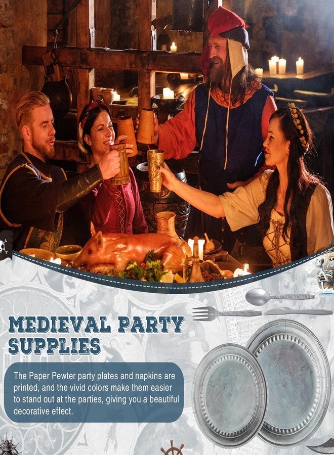 Jingmore 50 Set Silver Medieval Party Supplies Knight Festive Castle Party Tableware Accessories Pirate Birthday Party Disposable Paper Pewter Tableware Set Paper Plates Forks Spoons Knives - Image 4