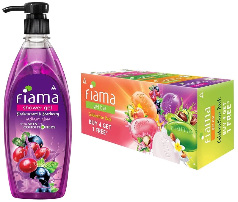 Fiama Gel Bar Celebration Pack with 5 unique Gel Bars 125g Buy 4 get 1 Free and Fiama Shower Gel Blackcurrant Bearberry Body Wash with Skin Conditioners for Radiant Glow 500 ml pump - Image 1