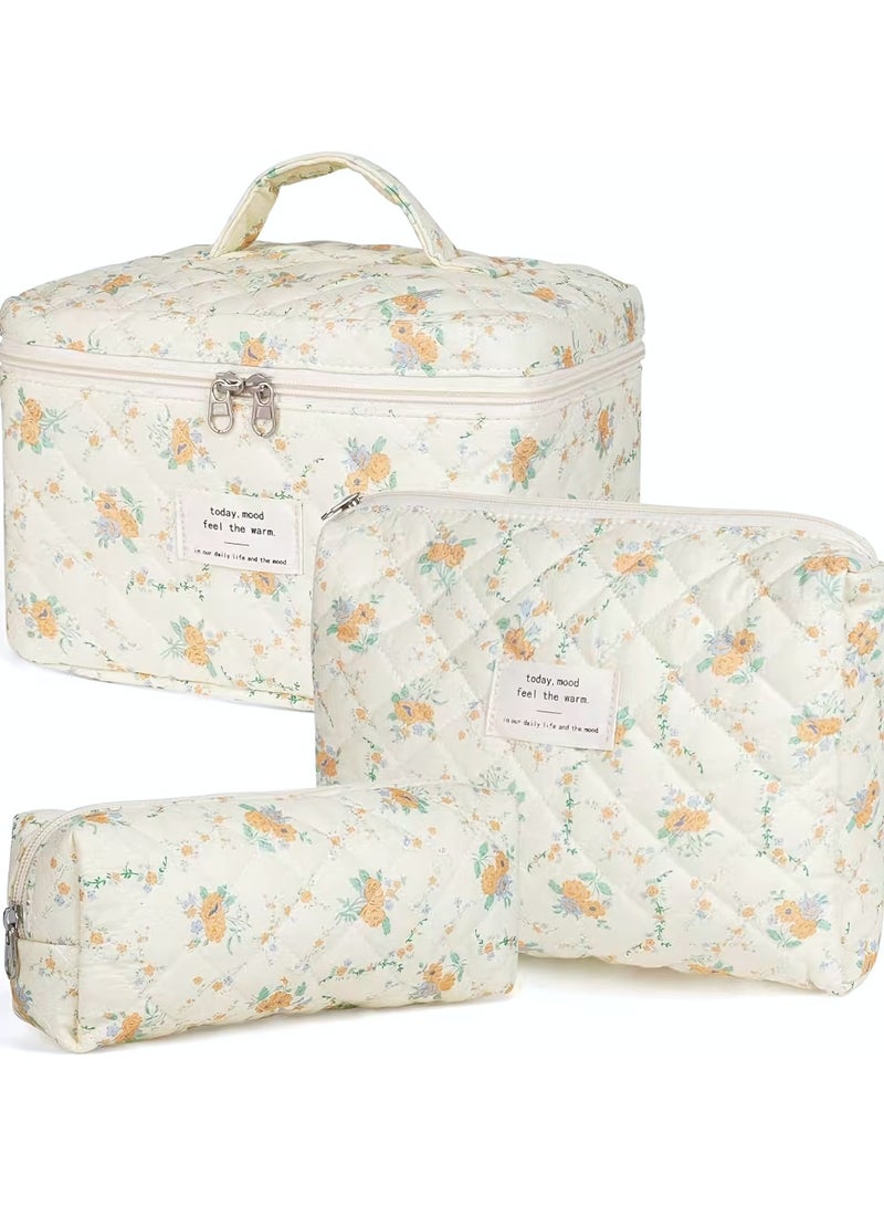 Cosmetic Bag, 3-Piece Makeup Bag Set, Cotton Quilted Shower Bag, Large Floral Travel Toiletry Bag for Women, Lovely Aesthetic Floral Wash Bag for Women Girls (Yellow Daylily) - Image 1
