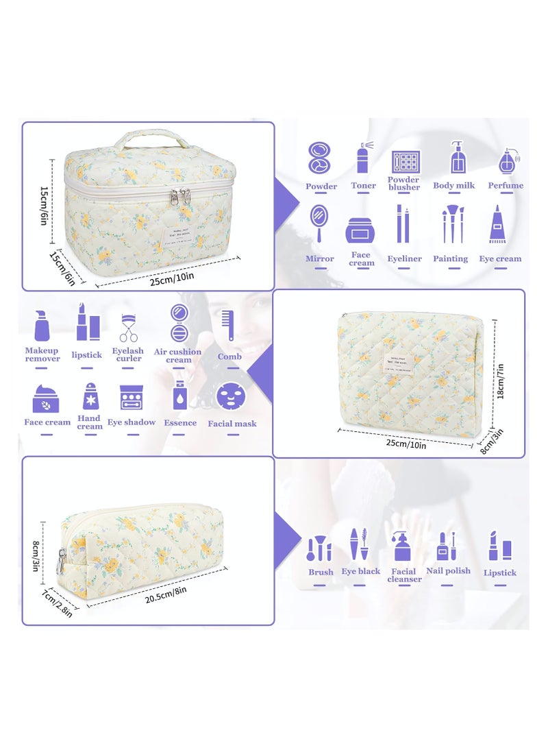 Cosmetic Bag, 3-Piece Makeup Bag Set, Cotton Quilted Shower Bag, Large Floral Travel Toiletry Bag for Women, Lovely Aesthetic Floral Wash Bag for Women Girls (Yellow Daylily) - Image 2