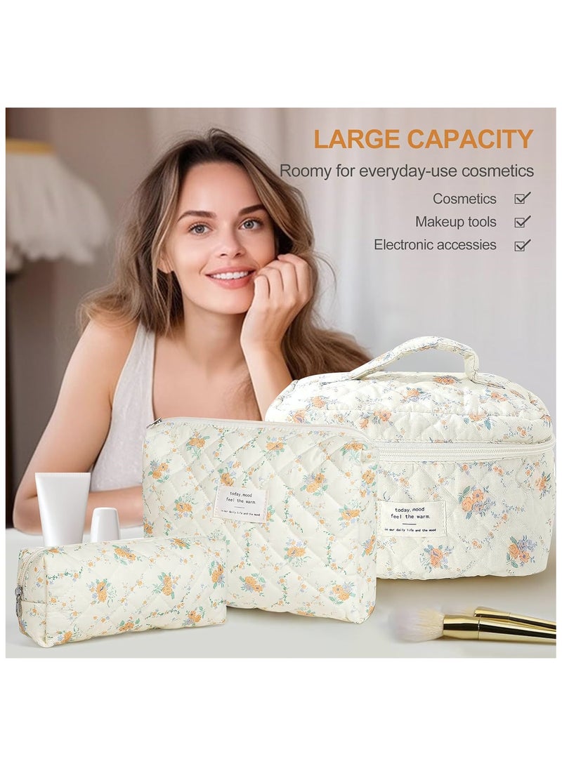 Cosmetic Bags, 3-Piece Cotton Quilted Makeup Bag Set, Large Floral Travel Toiletry Bag for Women, Aesthetic Toiletry Bags for Women Girls, Make Up Bag for Travel and Bathroom (Yellow Daylily) - Image 2