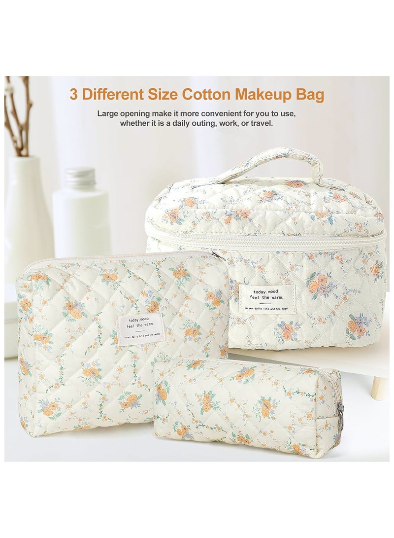 Cosmetic Bags, 3-Piece Cotton Quilted Makeup Bag Set, Large Floral Travel Toiletry Bag for Women, Aesthetic Toiletry Bags for Women Girls, Make Up Bag for Travel and Bathroom (Yellow Daylily) - Image 3