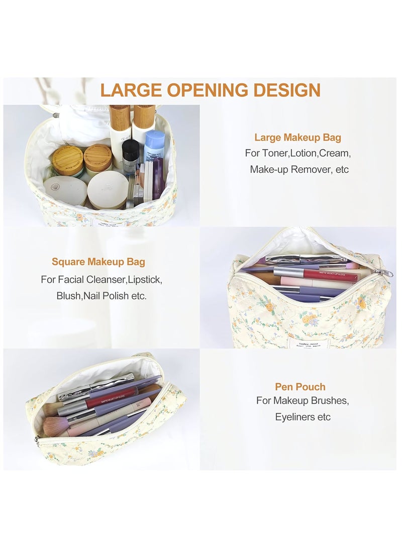 Cosmetic Bags, 3-Piece Cotton Quilted Makeup Bag Set, Large Floral Travel Toiletry Bag for Women, Aesthetic Toiletry Bags for Women Girls, Make Up Bag for Travel and Bathroom (Yellow Daylily) - Image 4