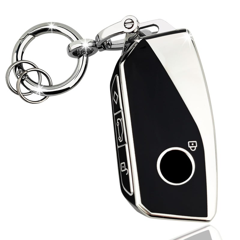 OLLEN Key Fob Cover with Ring Fit for BMW 2023 2024 2025up New 57 Series 740i 760i X1 X2 X3 X5 X6 X7 XM IX IX3 I5 I7 etc Full Protection Soft TPU Key Case Black and Silver