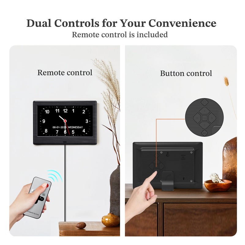 Pastigio 7'' Digital Clocks, 12 Reminders & 6 Alarms, Dementia Clock with Date and Time for Elderly, Auto-Dimming, Button & Remote Control, Auto DST, Digital Calendar for Seniors Large Display, Black Woodgrain - Image 4