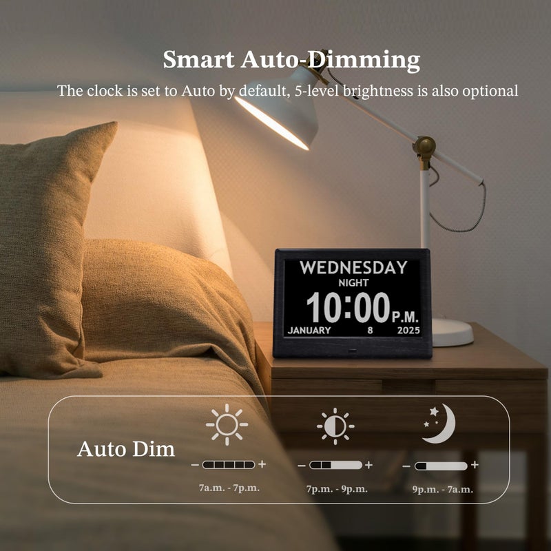 Pastigio 7'' Digital Clocks, 12 Reminders & 6 Alarms, Dementia Clock with Date and Time for Elderly, Auto-Dimming, Button & Remote Control, Auto DST, Digital Calendar for Seniors Large Display, Black Woodgrain - Image 5