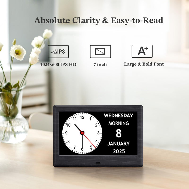 Pastigio 7'' Digital Clocks, 12 Reminders & 6 Alarms, Dementia Clock with Date and Time for Elderly, Auto-Dimming, Button & Remote Control, Auto DST, Digital Calendar for Seniors Large Display, Black Woodgrain - Image 3