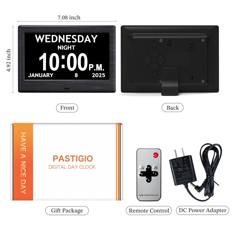 Pastigio 7'' Digital Clocks, 12 Reminders & 6 Alarms, Dementia Clock with Date and Time for Elderly, Auto-Dimming, Button & Remote Control, Auto DST, Digital Calendar for Seniors Large Display, Black Woodgrain - Image 2
