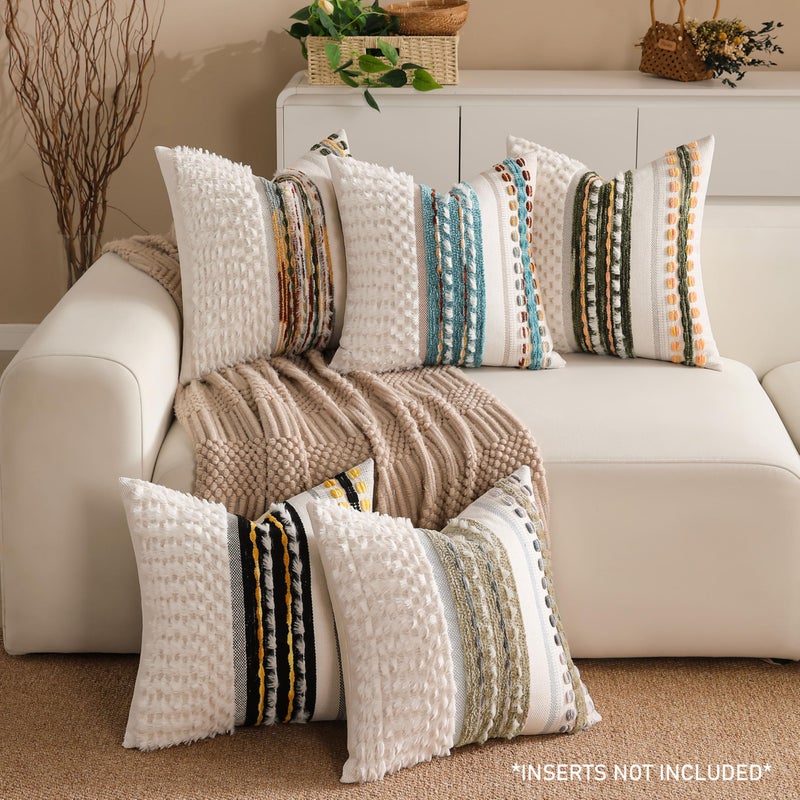 KOOLIFE Boho Chenille Tufted Couch Throw Pillow Covers 18x18 Inch Set of 2 Farmhouse Striped Decorative Pillow Covers Accent Neutral Pillowcase Dark Green Cushion Cover for Living Room Sofa Bed - Image 2