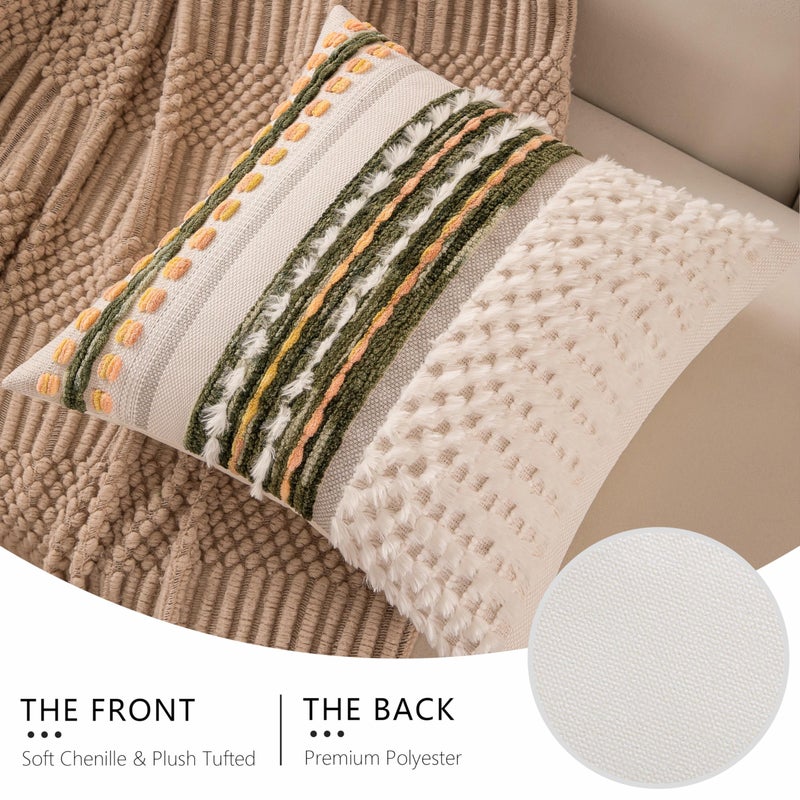 KOOLIFE Boho Chenille Tufted Couch Throw Pillow Covers 18x18 Inch Set of 2 Farmhouse Striped Decorative Pillow Covers Accent Neutral Pillowcase Dark Green Cushion Cover for Living Room Sofa Bed - Image 4