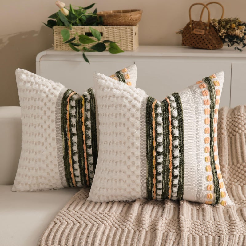 KOOLIFE Boho Chenille Tufted Couch Throw Pillow Covers 18x18 Inch Set of 2 Farmhouse Striped Decorative Pillow Covers Accent Neutral Pillowcase Dark Green Cushion Cover for Living Room Sofa Bed - Image 1