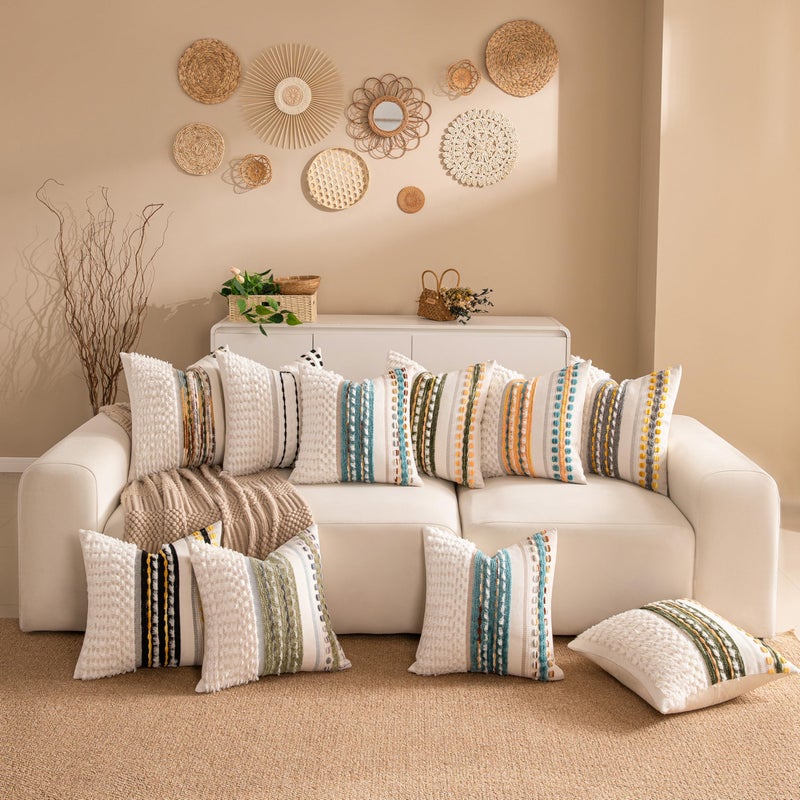 KOOLIFE Boho Chenille Tufted Couch Throw Pillow Covers 18x18 Inch Set of 2 Farmhouse Striped Decorative Pillow Covers Accent Neutral Pillowcase Dark Green Cushion Cover for Living Room Sofa Bed - Image 3