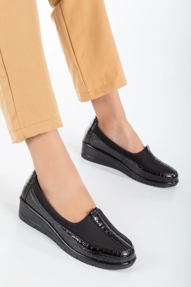 Dilimler Ayakkabı Slices Shoes Leather Patent Leather and Diver Material Black Large Size Women's Shoes Casual