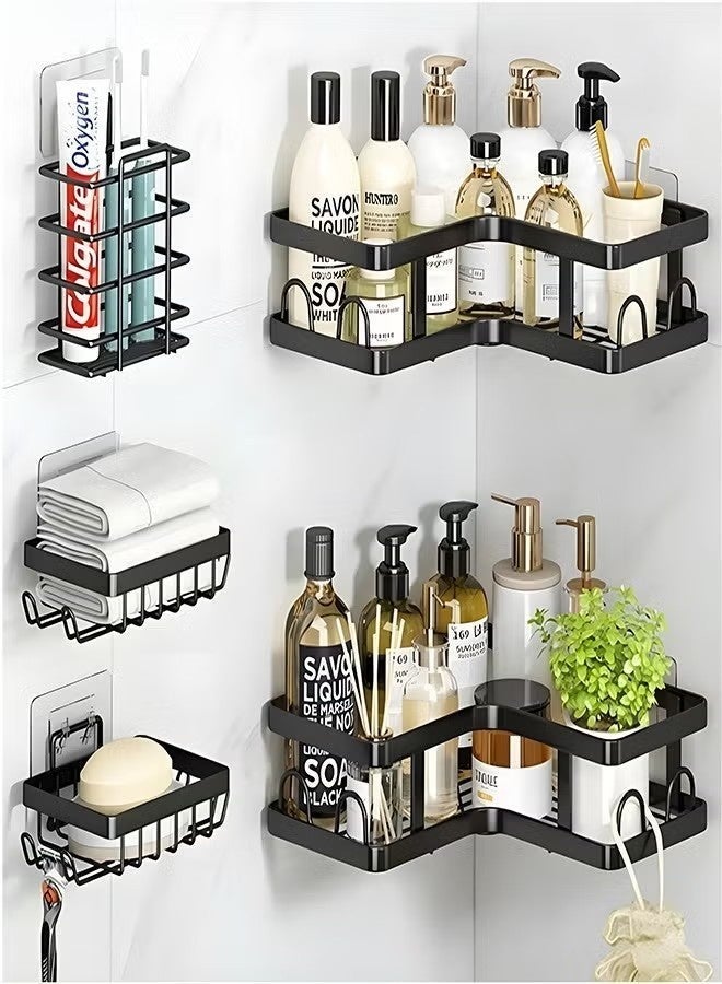 Warme Corner Shower Caddy 5 Pack, Adhesive Shower Organizer, Shower Rack with 16 Hooks, Large Capacity, Rustproof Stainless Steel Shower Shelf for Inside Shower & Bathroom Storage&Home Decor, Black - Image 1