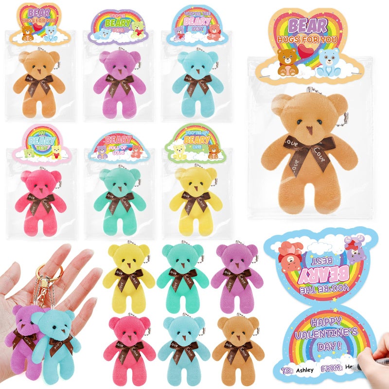 Ellinjan Valentines Day Gifts for Kids Classroom School, 24 Packs Valentines Day Card with Bear Plush Toys Keychain, Valentine Kids Party Favor Prizes Stuffers, Ideal Exchange Gift for Boys Girls - Image 1