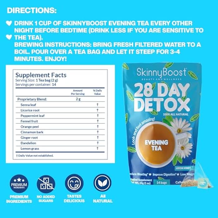 SkinnyBoost Skinny Boost Evening Detox Tea-14 Tea Bags Total, Supports Detox and Cleanse, Reduce Bloating, 100% All Natural, Vegan, Non GMO - Image 4