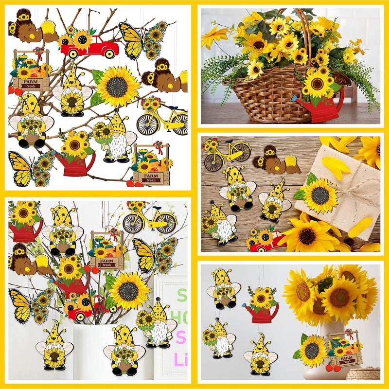 Chunful 30 Pack Sunflower Gnome Wooden Ornament Yellow Flower Gnome Hanging Wooden Pendant Summer Tree Ornaments with Rope for Sunflower Theme Birthday Party Favor Supplies(Cute Style) - Image 5
