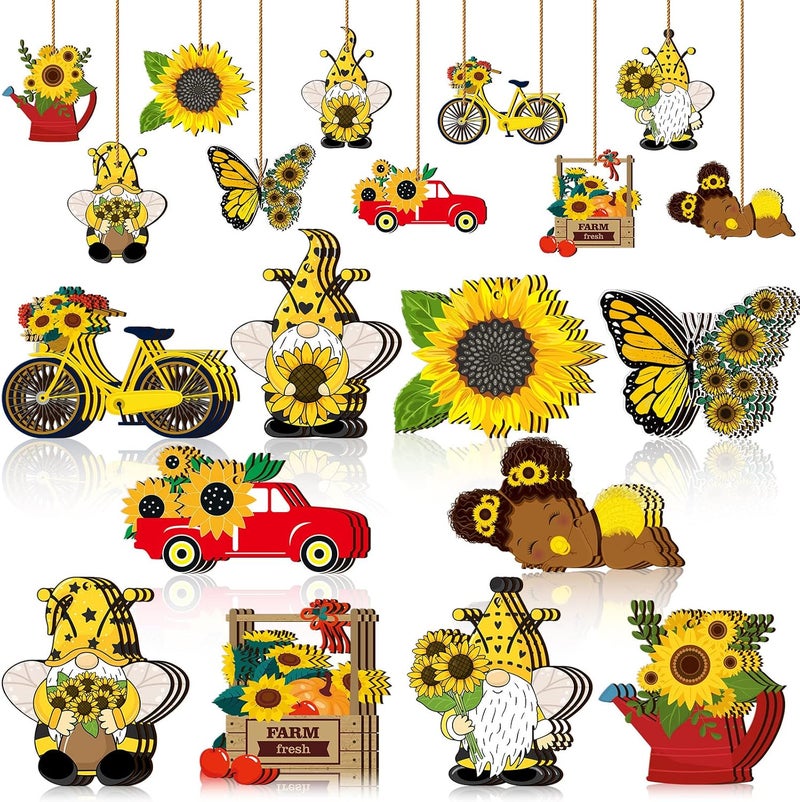 Chunful 30 Pack Sunflower Gnome Wooden Ornament Yellow Flower Gnome Hanging Wooden Pendant Summer Tree Ornaments with Rope for Sunflower Theme Birthday Party Favor Supplies(Cute Style) - Image 1