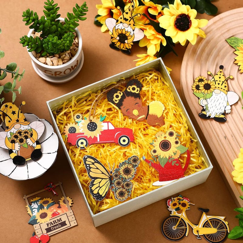 Chunful 30 Pack Sunflower Gnome Wooden Ornament Yellow Flower Gnome Hanging Wooden Pendant Summer Tree Ornaments with Rope for Sunflower Theme Birthday Party Favor Supplies(Cute Style) - Image 2
