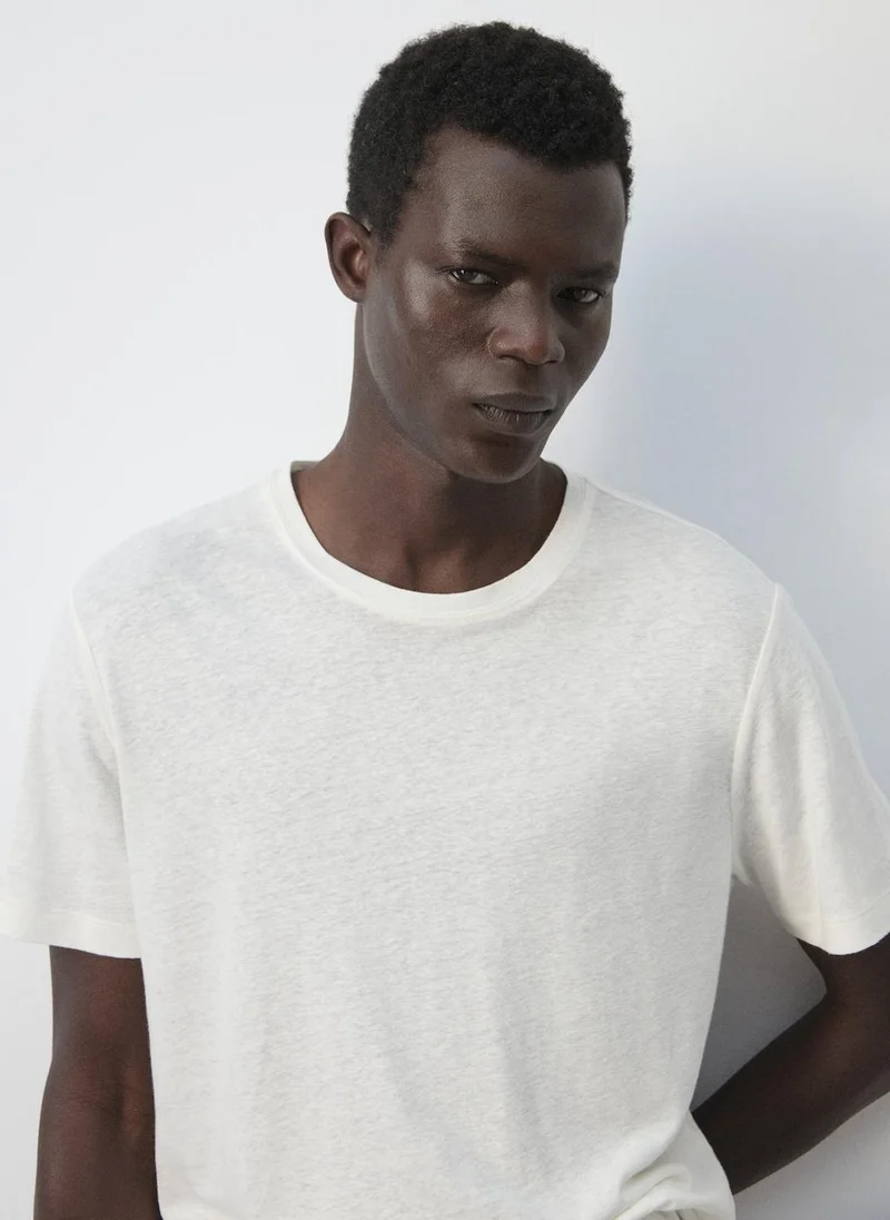 Mango Man 01-BLANCO Linen Blend Slim Fit T-Shirt for Men | Best Price UAE