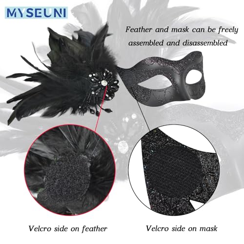 MYSEUNI 2025 New Black Masquerade Mask for Couples Set - Women's Masquerade Mask with Feather & Men's Costume Masks, Halloween Mardi Gras Cosplay Party Ball Prom - Image 4