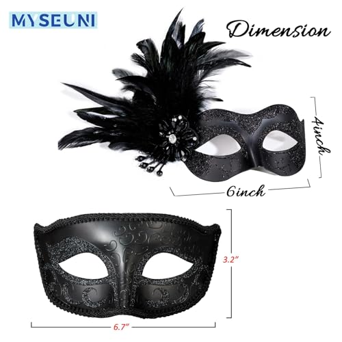 MYSEUNI 2025 New Black Masquerade Mask for Couples Set - Women's Masquerade Mask with Feather & Men's Costume Masks, Halloween Mardi Gras Cosplay Party Ball Prom - Image 2