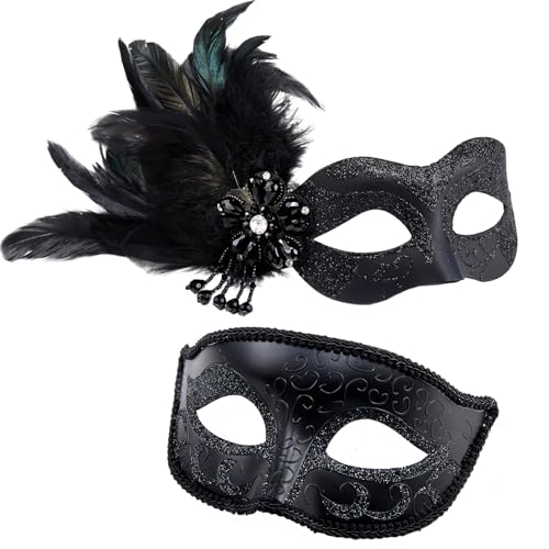 MYSEUNI 2025 New Black Masquerade Mask for Couples Set - Women's Masquerade Mask with Feather & Men's Costume Masks, Halloween Mardi Gras Cosplay Party Ball Prom - Image 1