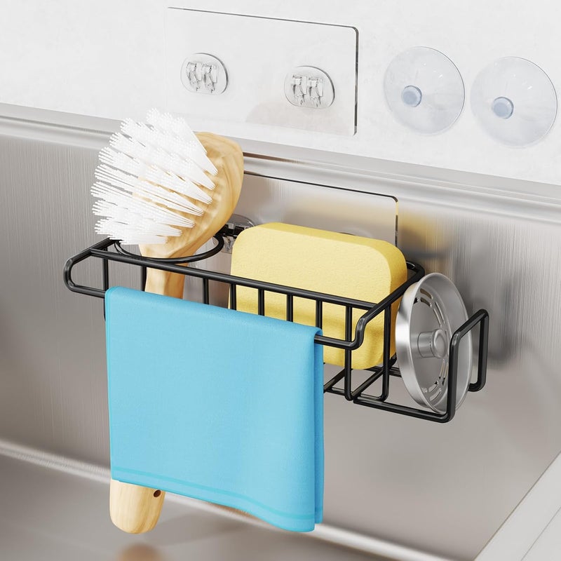 HapiRm 4 in 1 Kitchen Organizers and Storage, SUS304 Stainless Steel Brush Holder + Dish Cloth Hanger + Soap Rack + Sink Stopper Rack, No Drill Kitchen Essentials - Black - Image 1