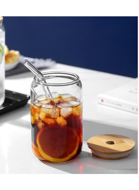 Glass Cups with Bamboo Lids and Glass Straw, Drinking Glasses with Bamboo Lids