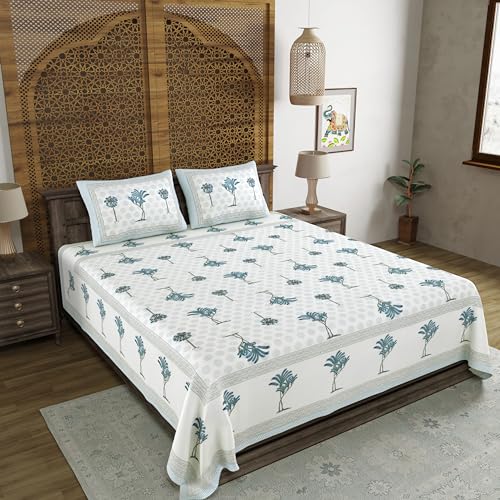 BLOCKS OF INDIA Hand Block Printed 200 TC Cotton Super King Size Bedsheet(106 x 106) (Grey Tree) - Image 1