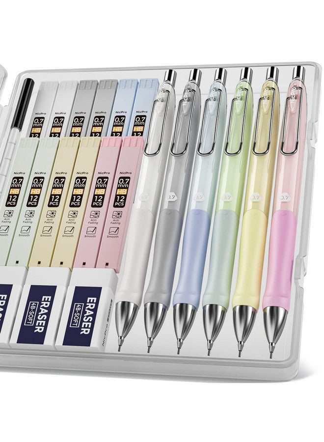 Nicpro 6Pcs Pastel Mechanical Pencil Set 0.7 Mm Cute Mechanical Pencils With Comfort Grip With 12 Tubes Hb Lead Refill 3 Eraser 9 Eraser Refills For Student Writing Drawing Sketching With Case - Image 1