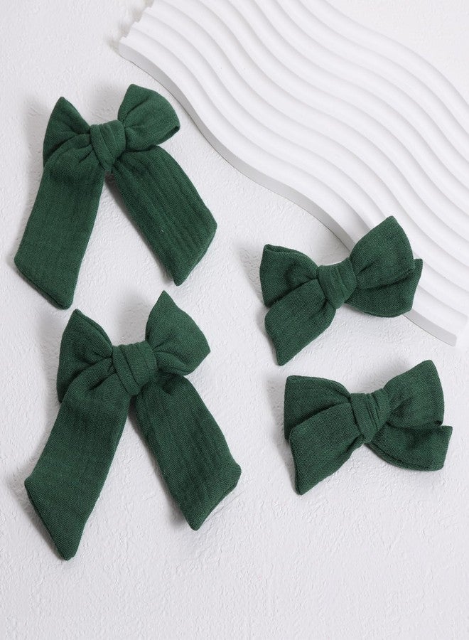 Miroksh Hair Bows Dark Green Cotton Linen Ribbon Bow Alligator Clips 4Pcs 4"&3.5" Christmas Dressy Bow Cheer Barrettes for Teen Toddler Baby Girls Kids Ponytail Hair Accessories Xmas Gift - Image 2