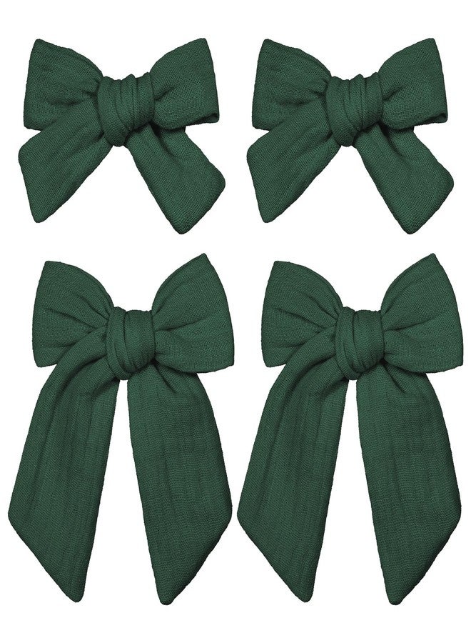 Miroksh Hair Bows Dark Green Cotton Linen Ribbon Bow Alligator Clips 4Pcs 4"&3.5" Christmas Dressy Bow Cheer Barrettes for Teen Toddler Baby Girls Kids Ponytail Hair Accessories Xmas Gift - Image 1
