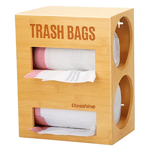 Libreshine Dual Roll Bamboo Trash Bag Holder Dispenser for 13 Gallon 2in1 Kitchen Garbage Bag Holder UnderSinkWall Mount or Freestanding Plastic Bag Storage Organizer