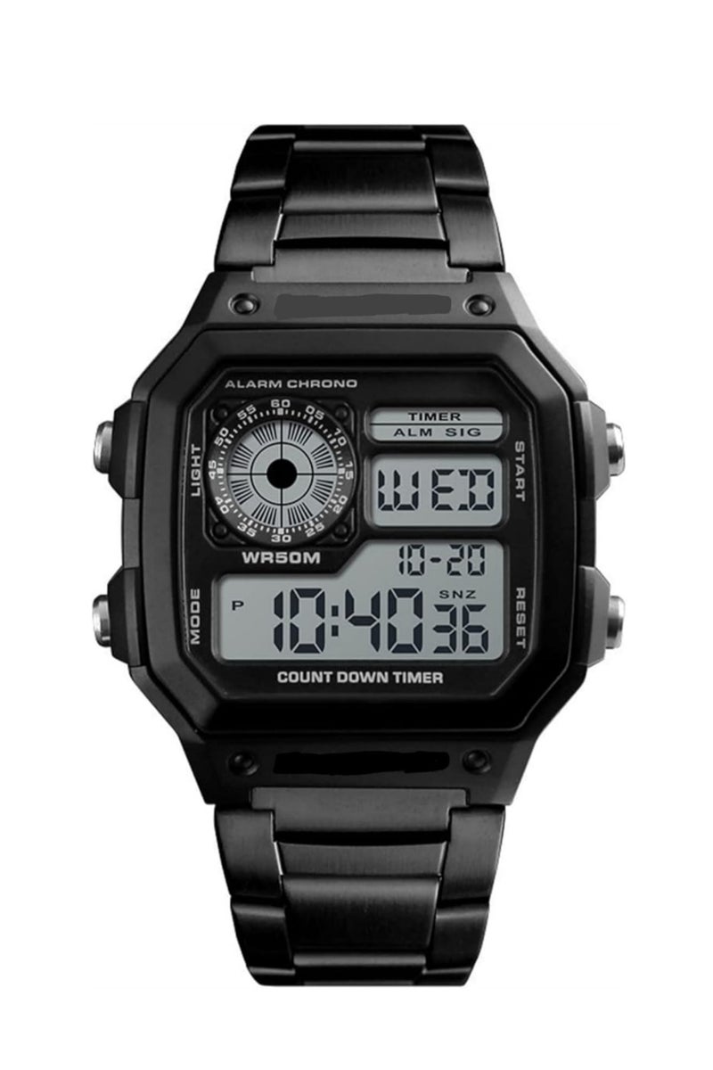 ساعة رقمية للرجال بسوار من الفولاذ المقاوم للصدأ، وإضاءة خلفية LED، ومنبه، وساعة إيقاف، ومؤقت عد تنازلي، ومقاومة للماء حتى عمق 100 متر - أسود