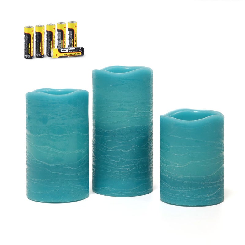 Rhytsing Turquoise Battery Operated Flameless Led Candles with Timer Function for Summer and Weddings, Warm White Light, Real Wax Finish, 6 Batteries Included - Set of 3 - Image 1