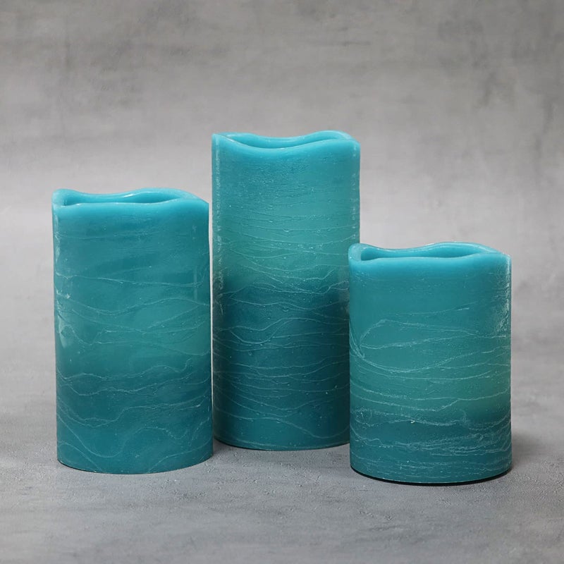 Rhytsing Turquoise Battery Operated Flameless Led Candles with Timer Function for Summer and Weddings, Warm White Light, Real Wax Finish, 6 Batteries Included - Set of 3 - Image 5