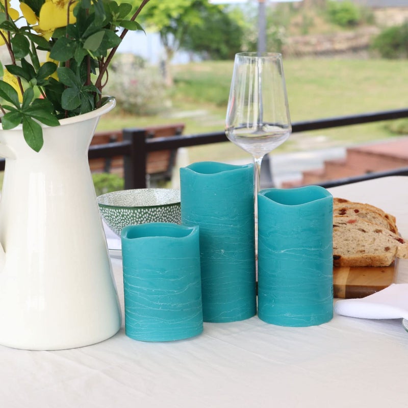 Rhytsing Turquoise Battery Operated Flameless Led Candles with Timer Function for Summer and Weddings, Warm White Light, Real Wax Finish, 6 Batteries Included - Set of 3 - Image 2