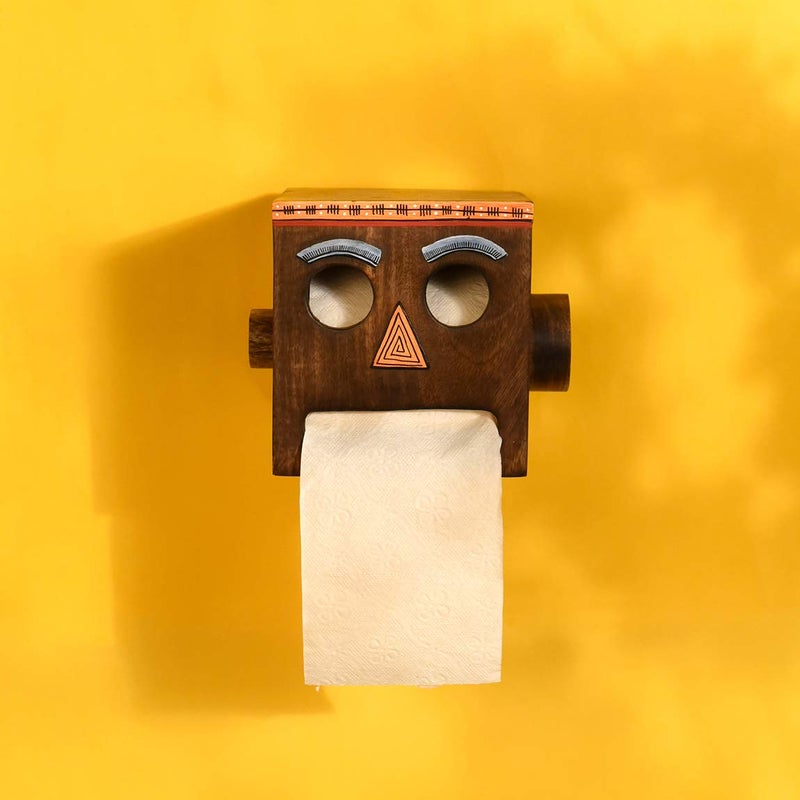 AAKRITI ART CREATIONS Aakriti Art Creations Mango Wood Robot Face Toilet Roll Holder Brown Colour 65 x 5 x 45 inches - Image 2