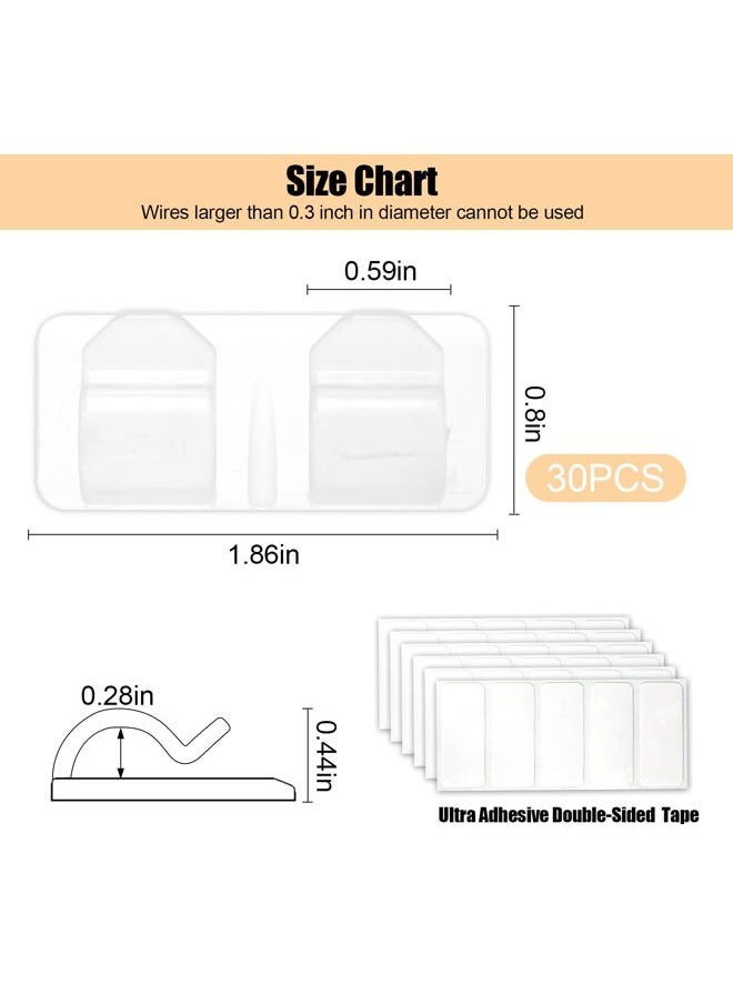 30pcs Outdoor Light Clips, Clear Cable Clips Large Adhesive 2 Hooks Design Adhesive Light Hooks Outdoor Light Hooks for String Lights Decoration Organization