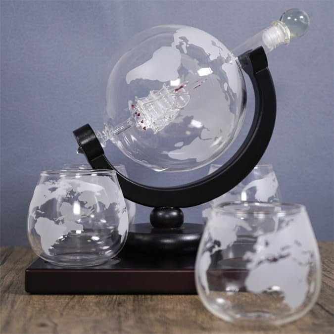 Riderev Riderev 850 ml Whiskey Decanter Set Diamond Globe Set Decanter with 4 Whiskey Glass Diamond Carafe and 1 Base Bracket Wine Bottle Holder Decanter Wine Set (Globe Decanter Set)  - Image 2