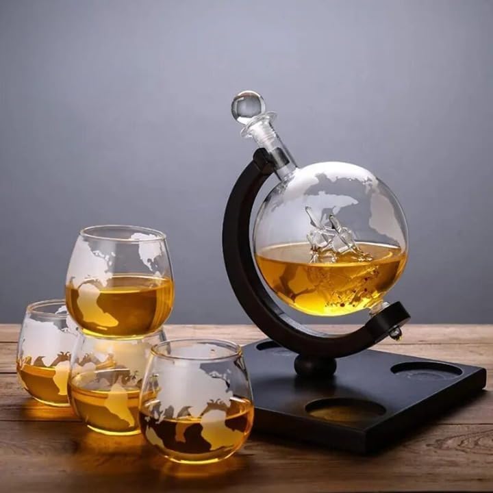 Riderev Riderev 850 ml Whiskey Decanter Set Diamond Globe Set Decanter with 4 Whiskey Glass Diamond Carafe and 1 Base Bracket Wine Bottle Holder Decanter Wine Set (Globe Decanter Set)  - Image 1