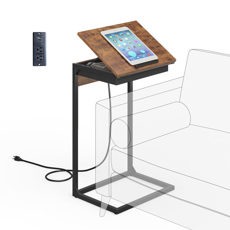 sthmec C Shaped End Table with Charging Station, 45Â° Tiltable Adjustable Flip Top Table with Storage,Small C Table for Small Spaces,Slide Under Couch Sofa Bedside Table for Living Room,Rustic Brown - Image 1