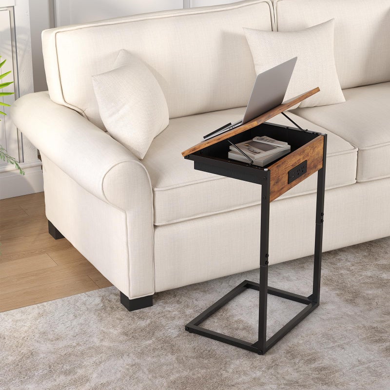 sthmec C Shaped End Table with Charging Station, 45Â° Tiltable Adjustable Flip Top Table with Storage,Small C Table for Small Spaces,Slide Under Couch Sofa Bedside Table for Living Room,Rustic Brown - Image 2