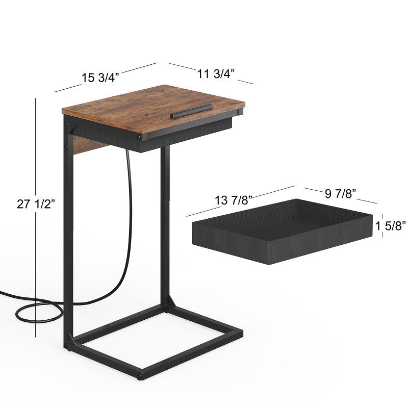 sthmec C Shaped End Table with Charging Station, 45Â° Tiltable Adjustable Flip Top Table with Storage,Small C Table for Small Spaces,Slide Under Couch Sofa Bedside Table for Living Room,Rustic Brown - Image 3