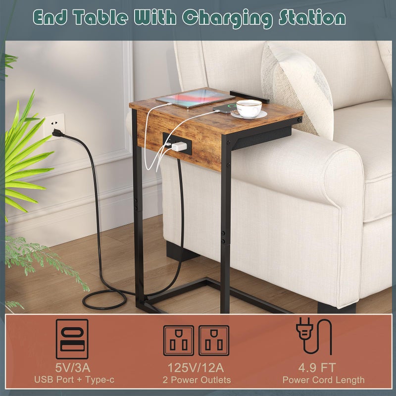 sthmec C Shaped End Table with Charging Station, 45Â° Tiltable Adjustable Flip Top Table with Storage,Small C Table for Small Spaces,Slide Under Couch Sofa Bedside Table for Living Room,Rustic Brown - Image 5