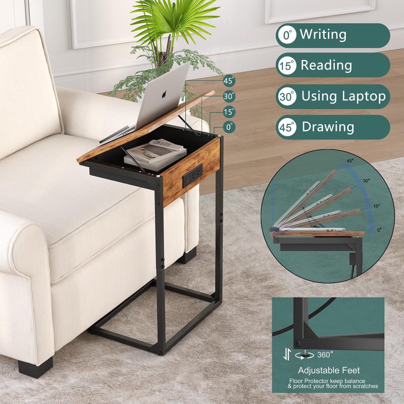 sthmec C Shaped End Table with Charging Station, 45Â° Tiltable Adjustable Flip Top Table with Storage,Small C Table for Small Spaces,Slide Under Couch Sofa Bedside Table for Living Room,Rustic Brown - Image 4